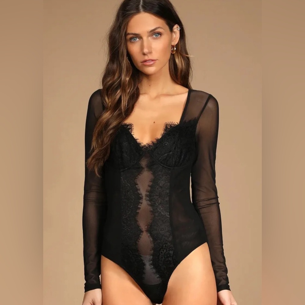 Stay Sultry Black Mesh Lace Long Sleeve Bodysuit